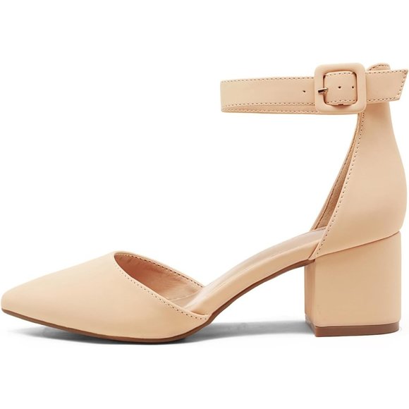 Pointed Toe Low Chunky Heels Pump Nude Nubuck Adjustable Buckle Shoes - Picture 4 of 9